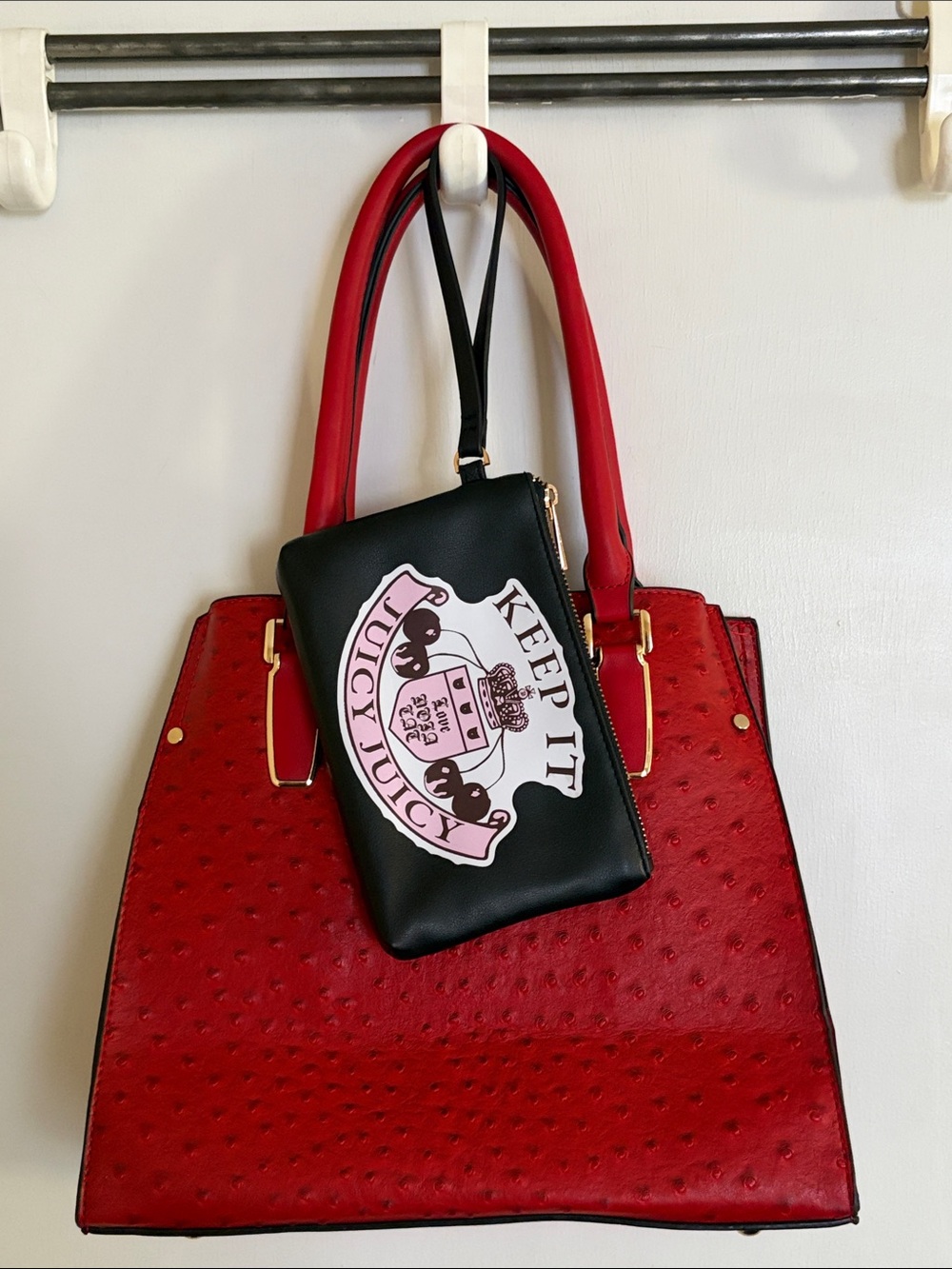 Juicy Couture Red Ostrich Embossed Tote & Keep It Juicy Wristlet Bundle